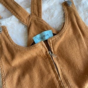 Lily Rain, corduroy overall dress, burnt orange